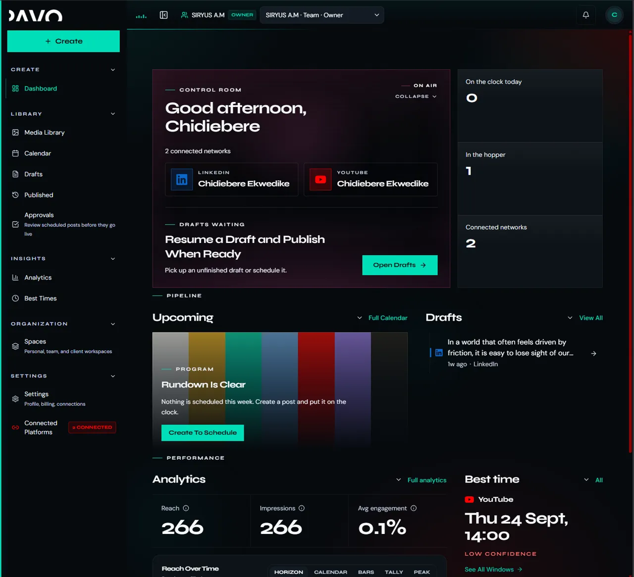 The PAVO Control Room dashboard, showing connected platforms, drafts waiting, the upcoming pipeline, and analytics.